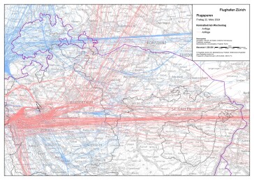 Die Streuung der Flugspuren ist enorm hoch. Viele Flugzeuge fliegen direkt über dicht besideltes Gebiet im Osten (zum Beispiel Winterthur, Frauenfeld, Wil und St. Gallen)